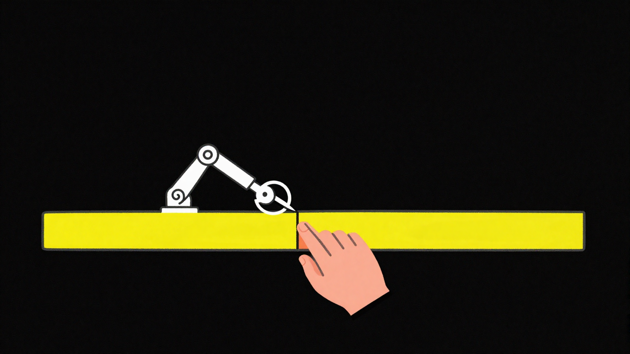 A flat doodle of a video timeline being trimmed by a small robot arm while a human hand holds the playhead, on a true-black background.