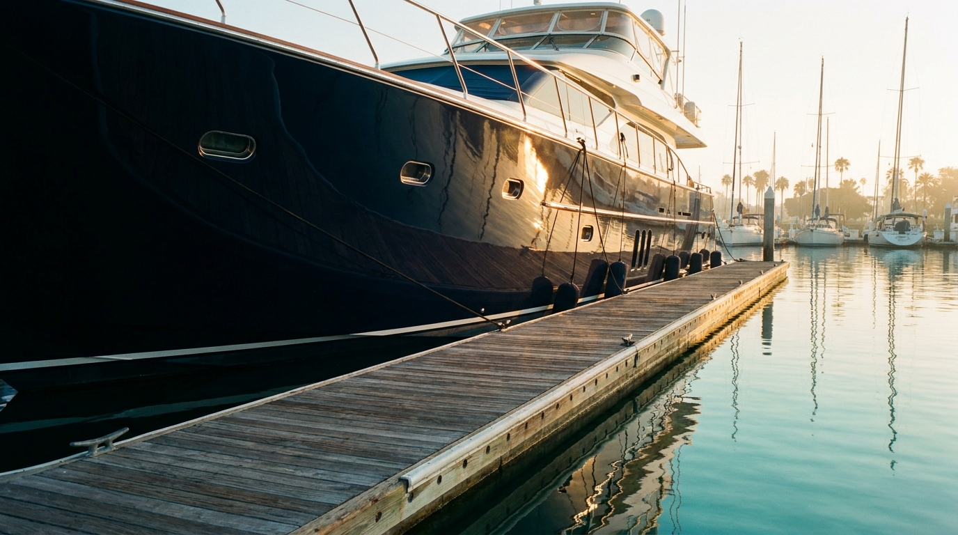 Luxury yacht with a mirror polished navy hull at a marina at golden hour