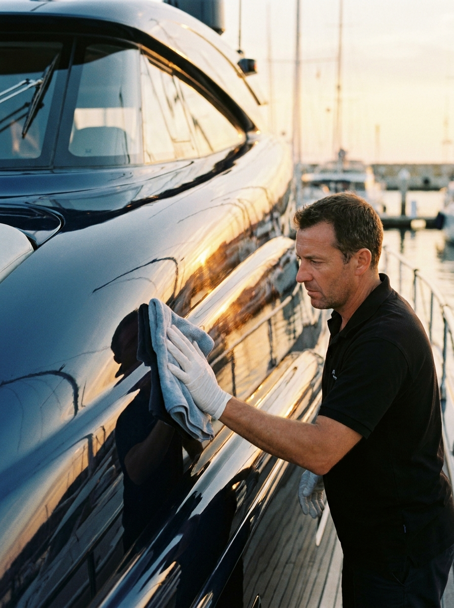 Marine detailing professional hand polishing the navy hull of a luxury yacht at golden hour