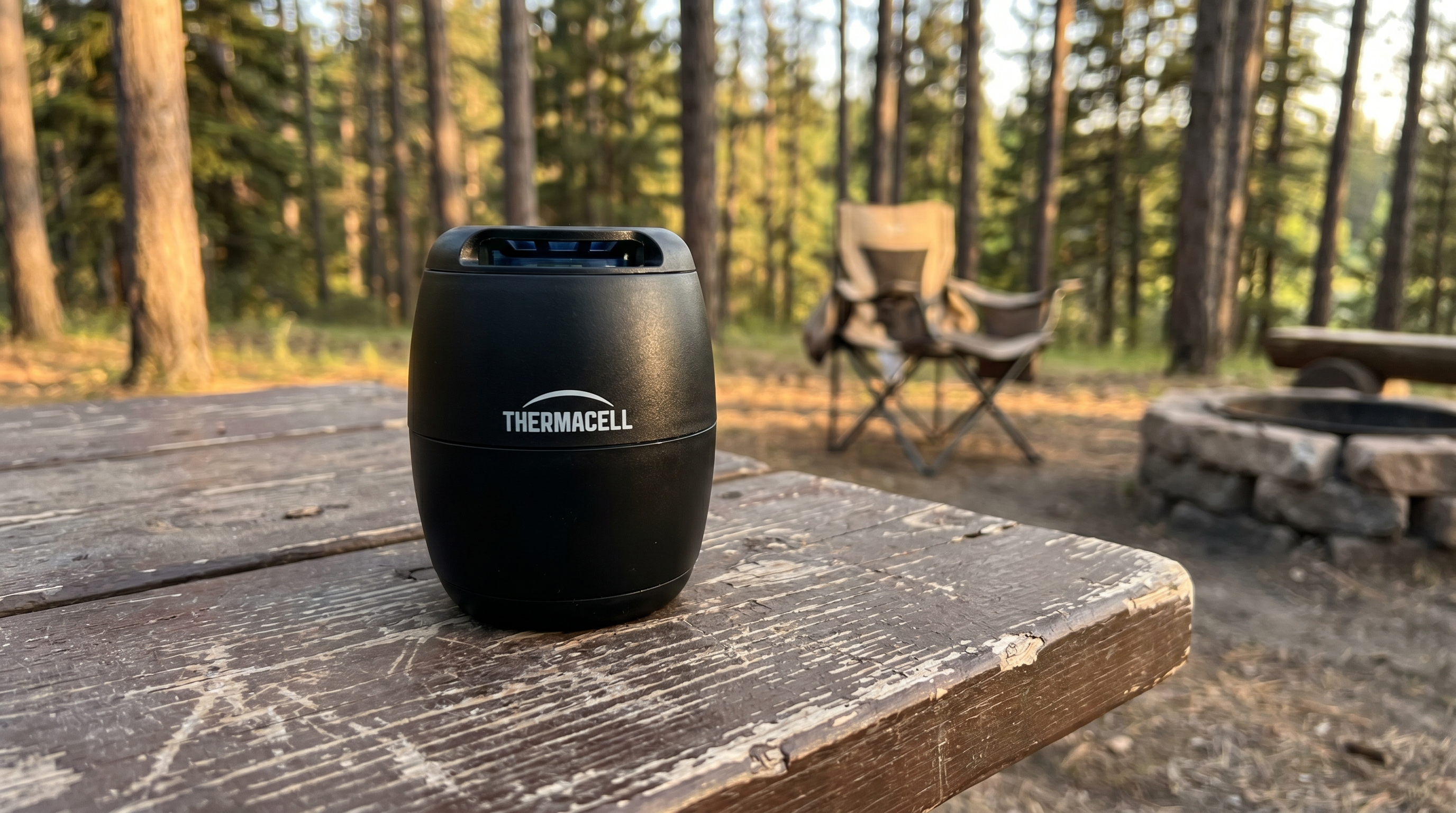 Thermacell E55 on a camping picnic table at golden hour