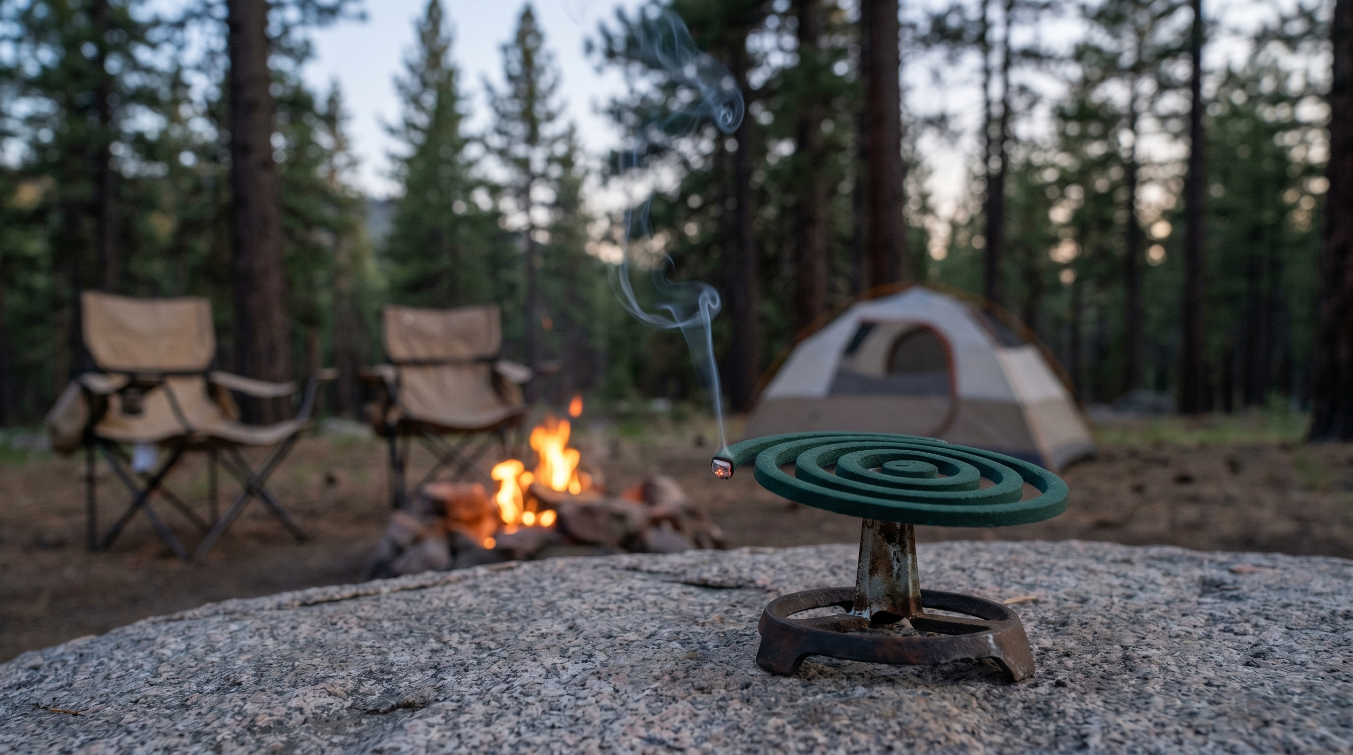 Citronella coil burning on a rock at a US campsite at dusk