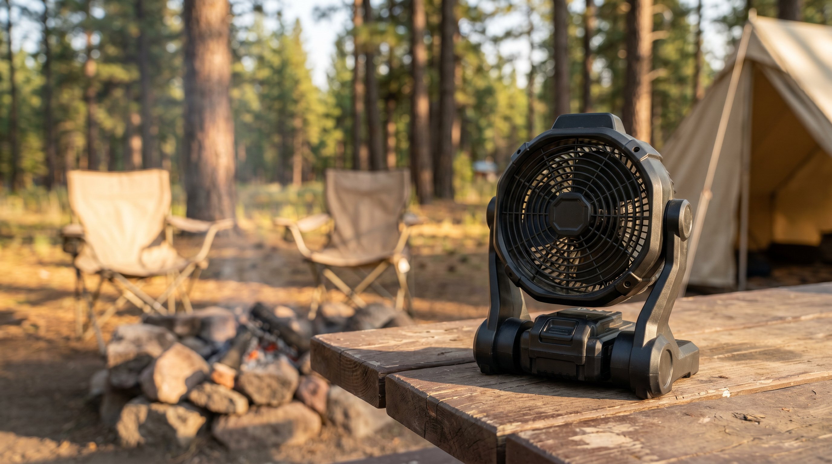 Portable battery fan on a camp table at a US forest campsite