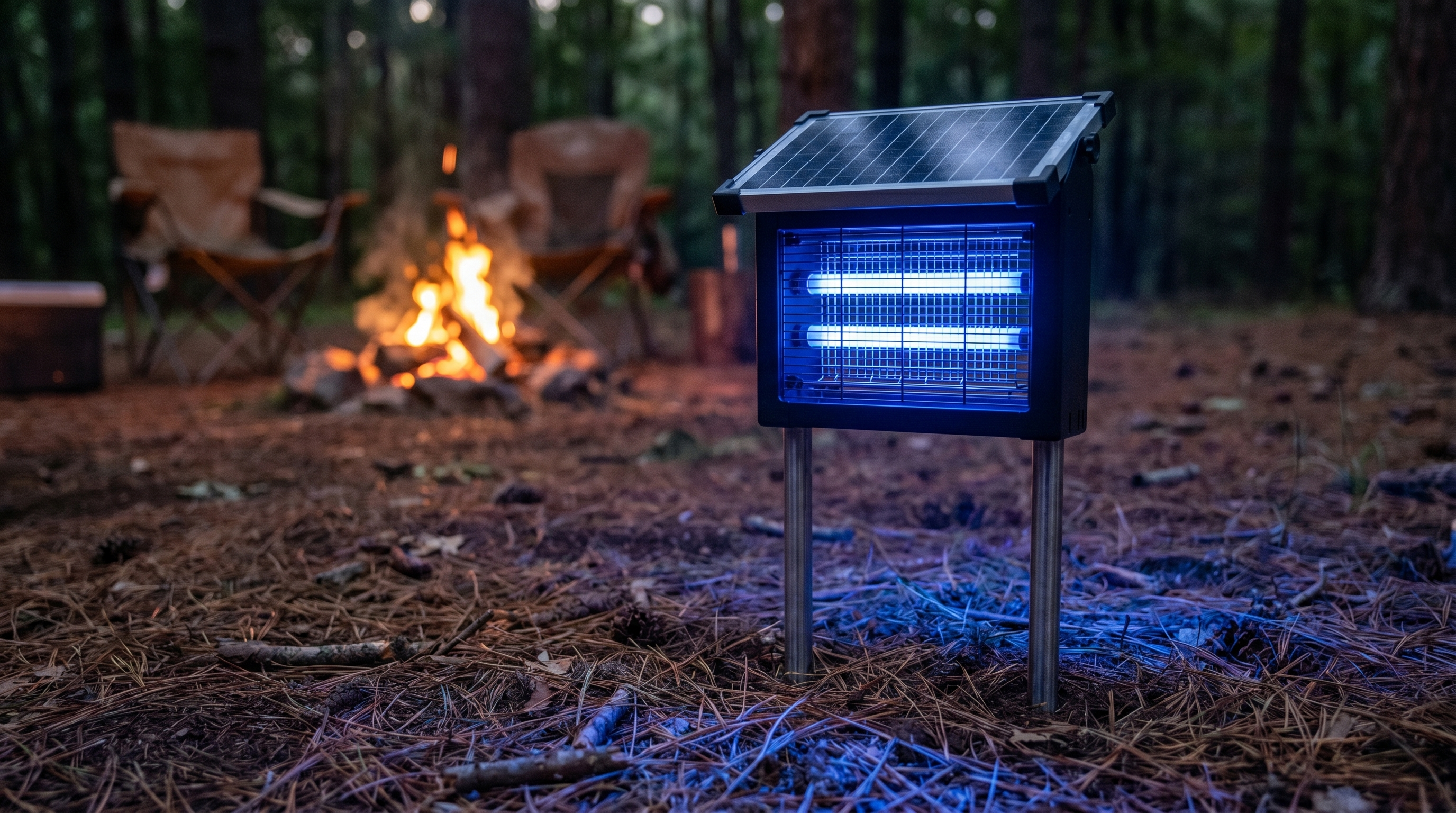 GroundGuard Sentinel staked at ankle height in campsite forest floor at night, glowing blue UV