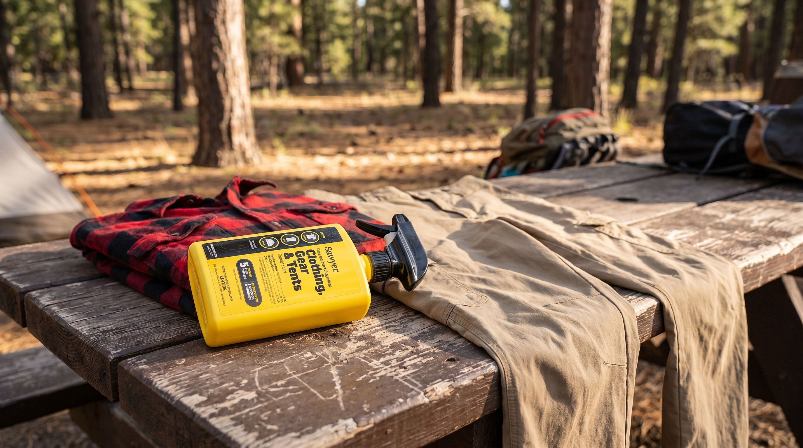Sawyer Permethrin trigger spray next to camping clothes on a picnic table at a US forest campsite