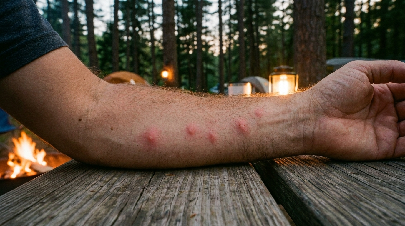 Mosquito bites on a camper's forearm at dusk at a campsite