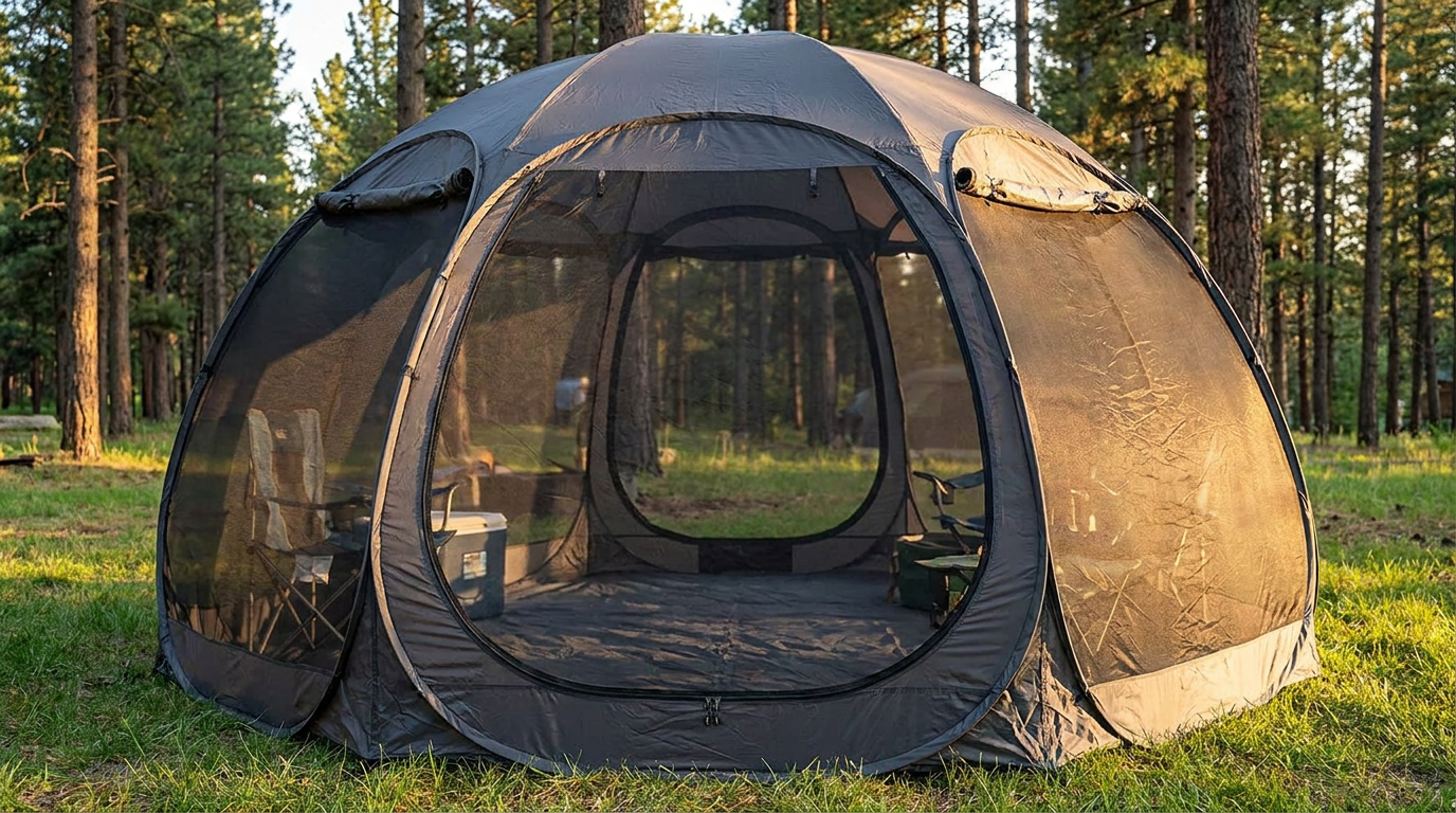 Round pop-up screen tent shelter at a US forest campground