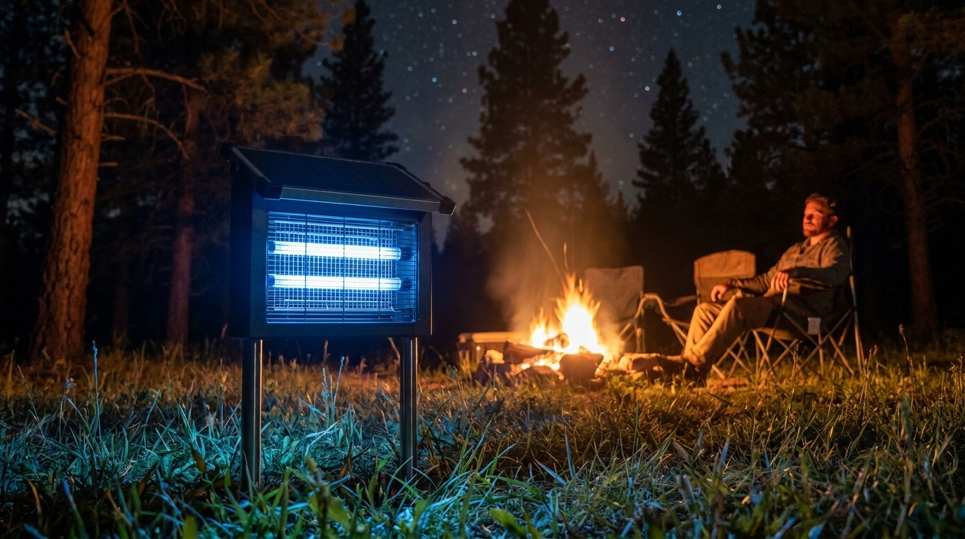 Camper relaxed by fire at night with GroundGuard glowing in foreground