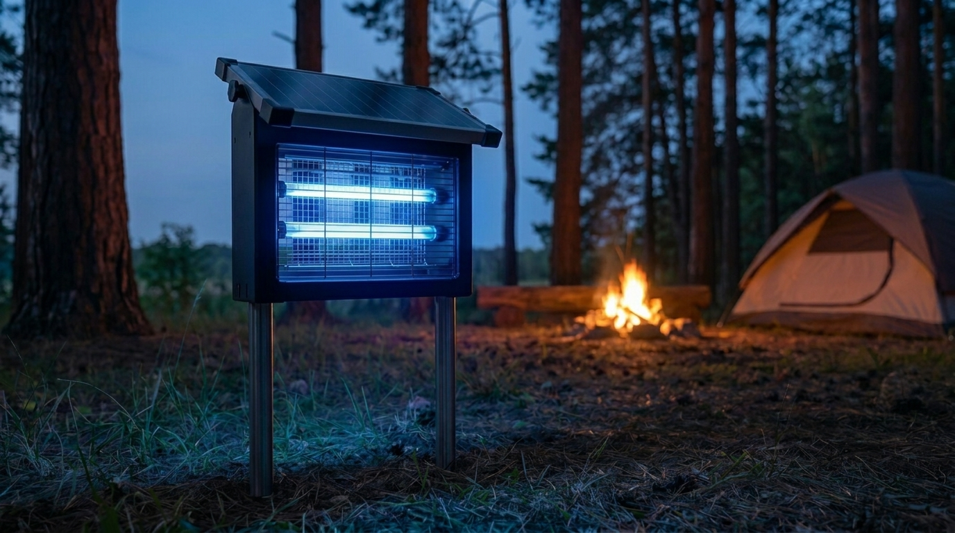 GroundGuard Sentinel solar bug zapper at campsite — mosquitoes flying toward it and getting zapped
