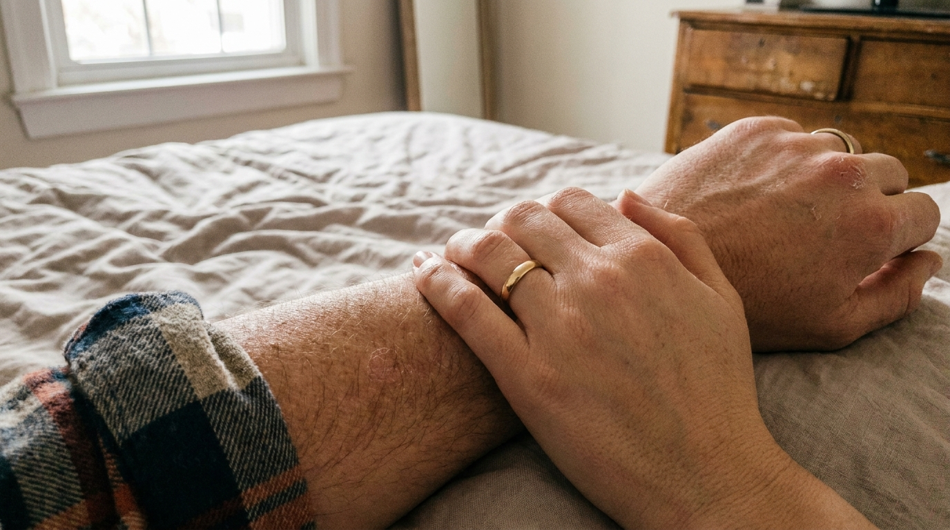 holding his arm on the bed