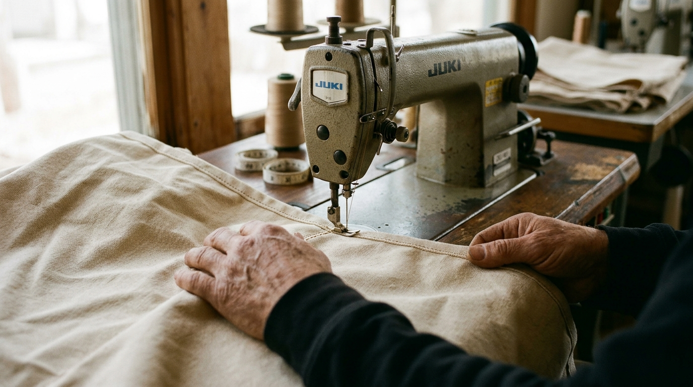 Artisan hands guiding canvas through a stitch line