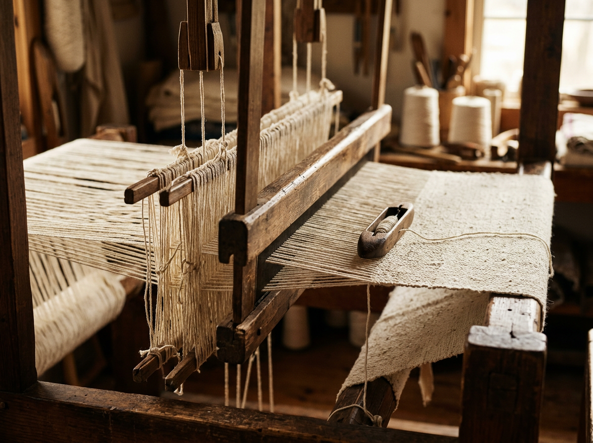 Threads woven into canvas on the loom