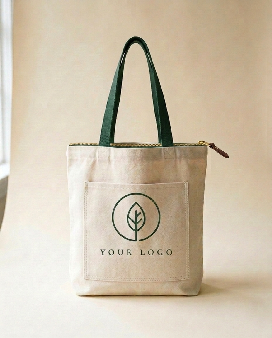 Tote with brass zipper closure