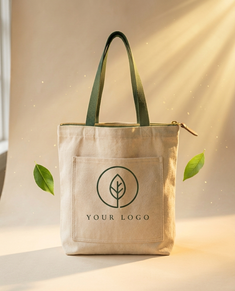 Finished branded tote in golden light