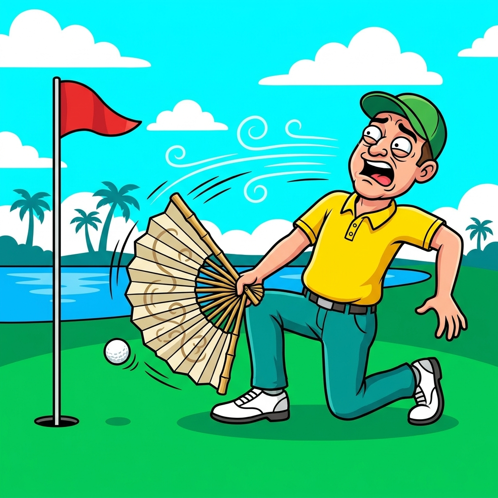 Cartoon golfer comically fanning his golf ball toward the hole with a large hand fan