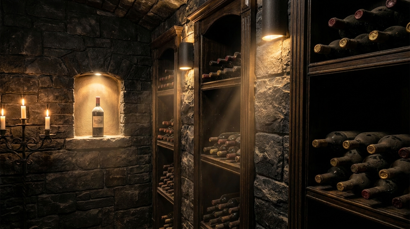 Wine bottles resting in a dim cellar