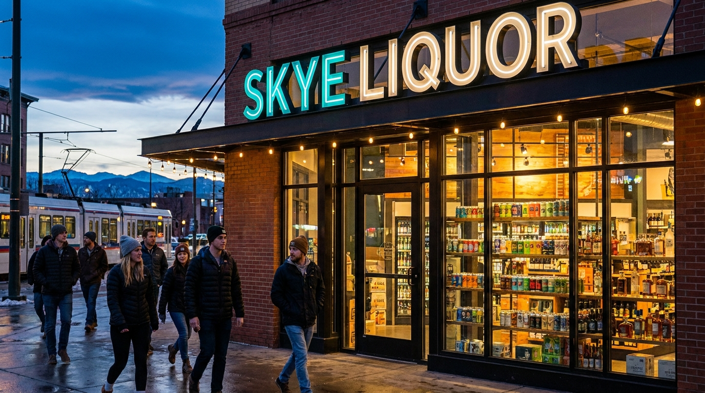 Skye Liquor storefront glowing at dusk in downtown Denver