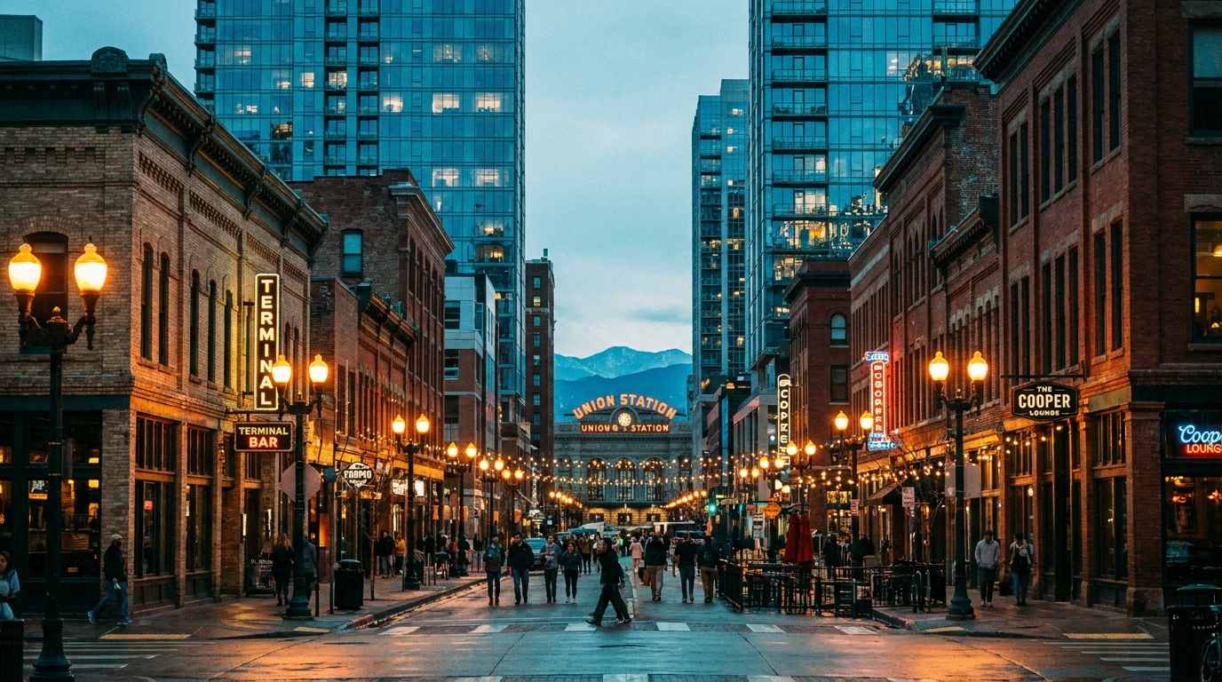 Downtown Denver streets at blue hour near the store