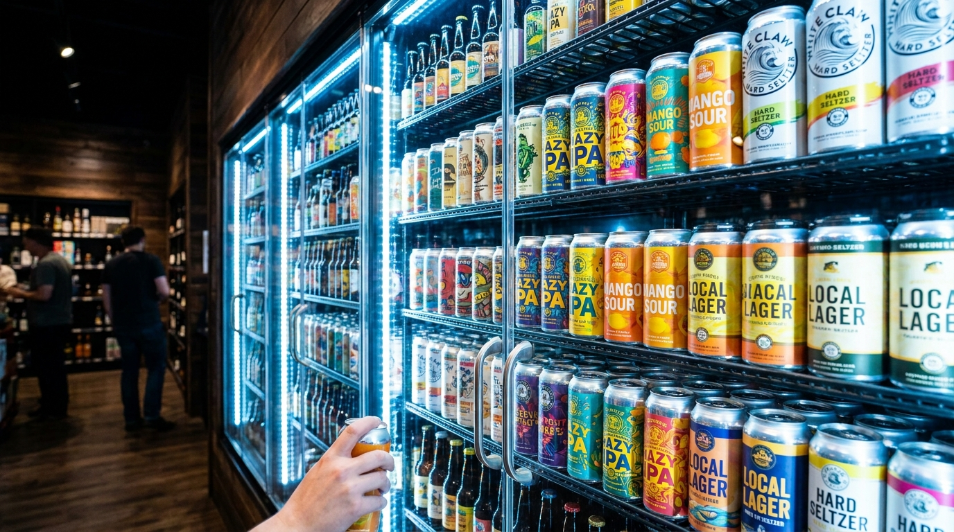 Cooler wall stacked with colorful craft beer cans