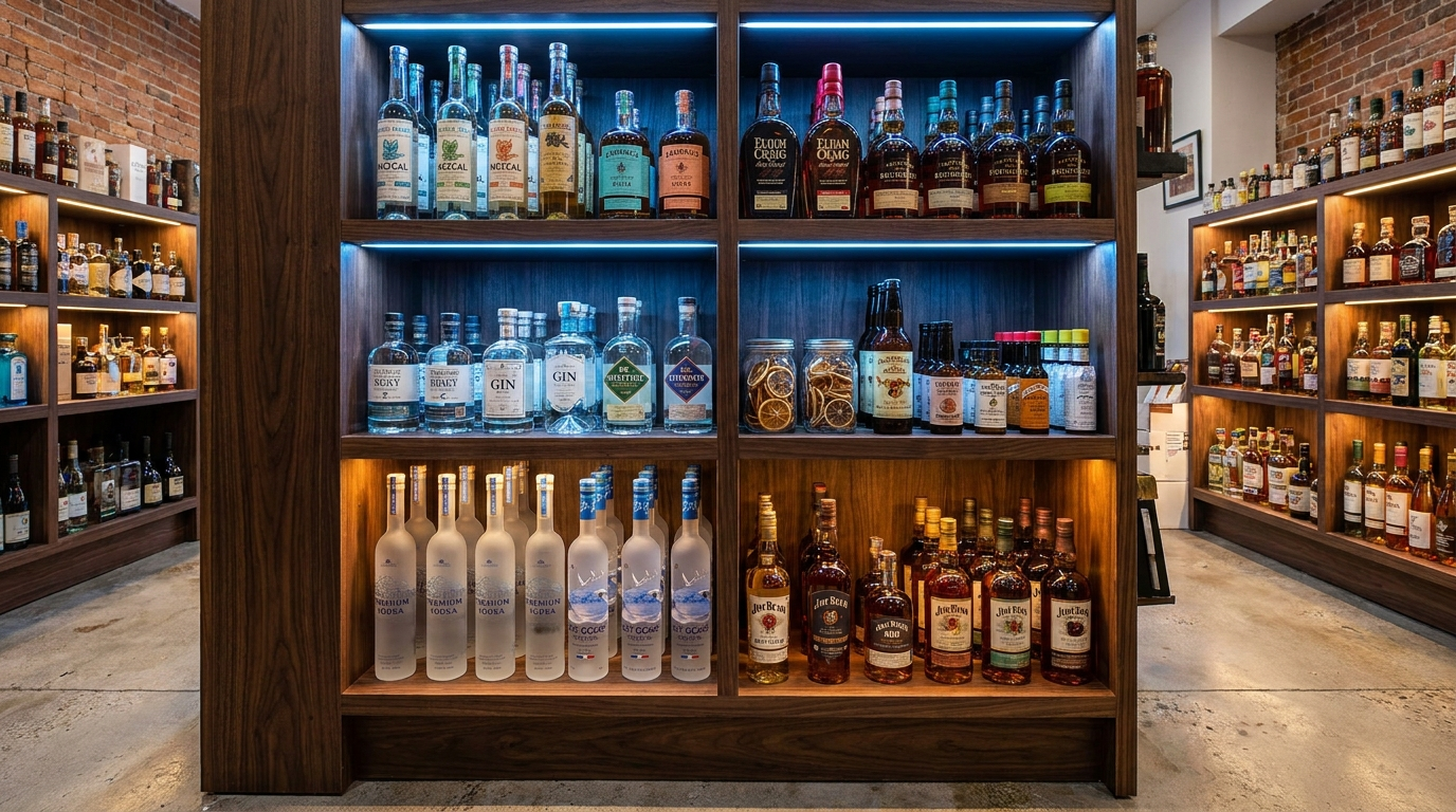 Shelves of tequila, bourbon, vodka, gin and rum