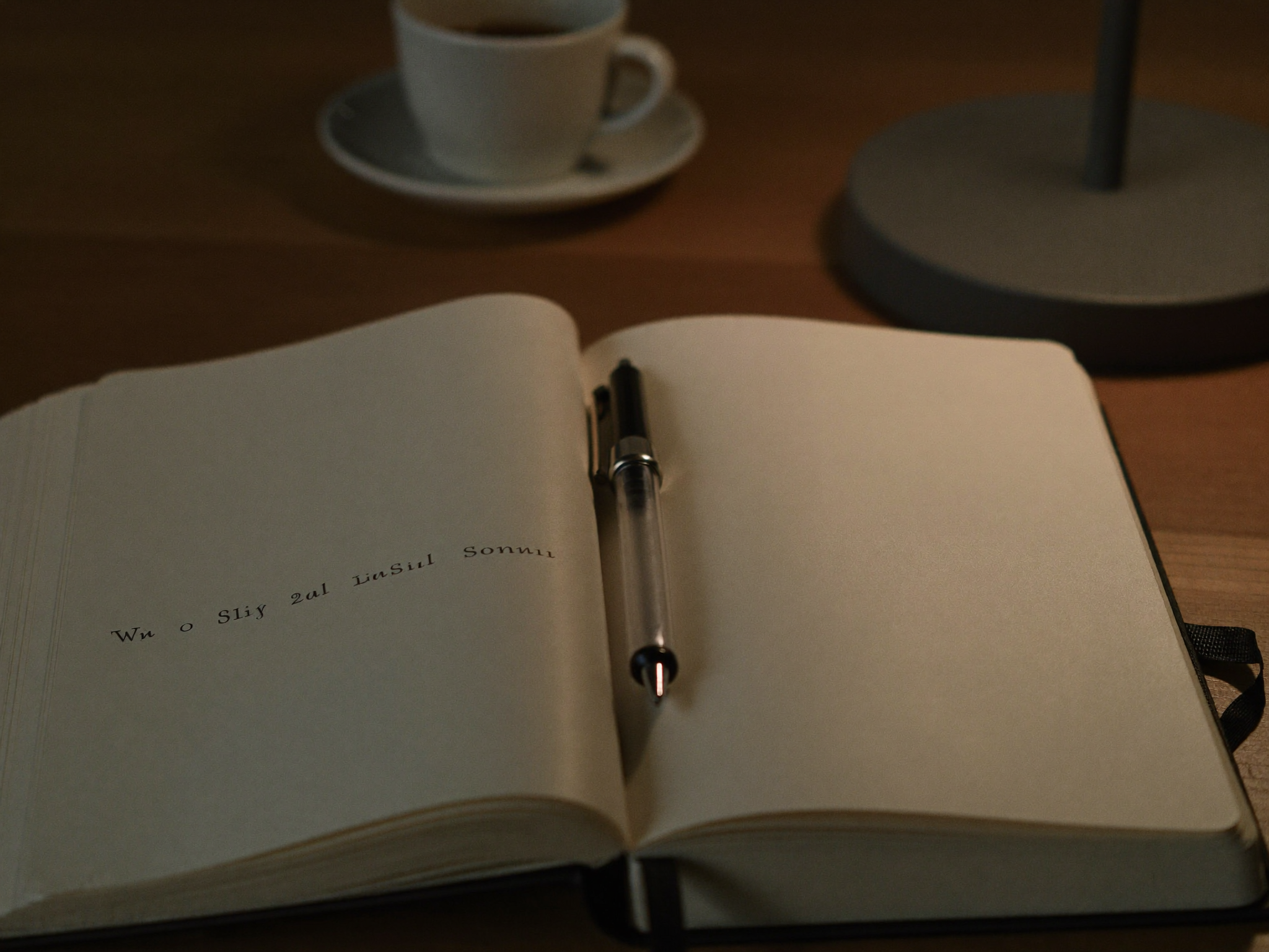 Açık defter, dolma kalem ve loş masa lambası