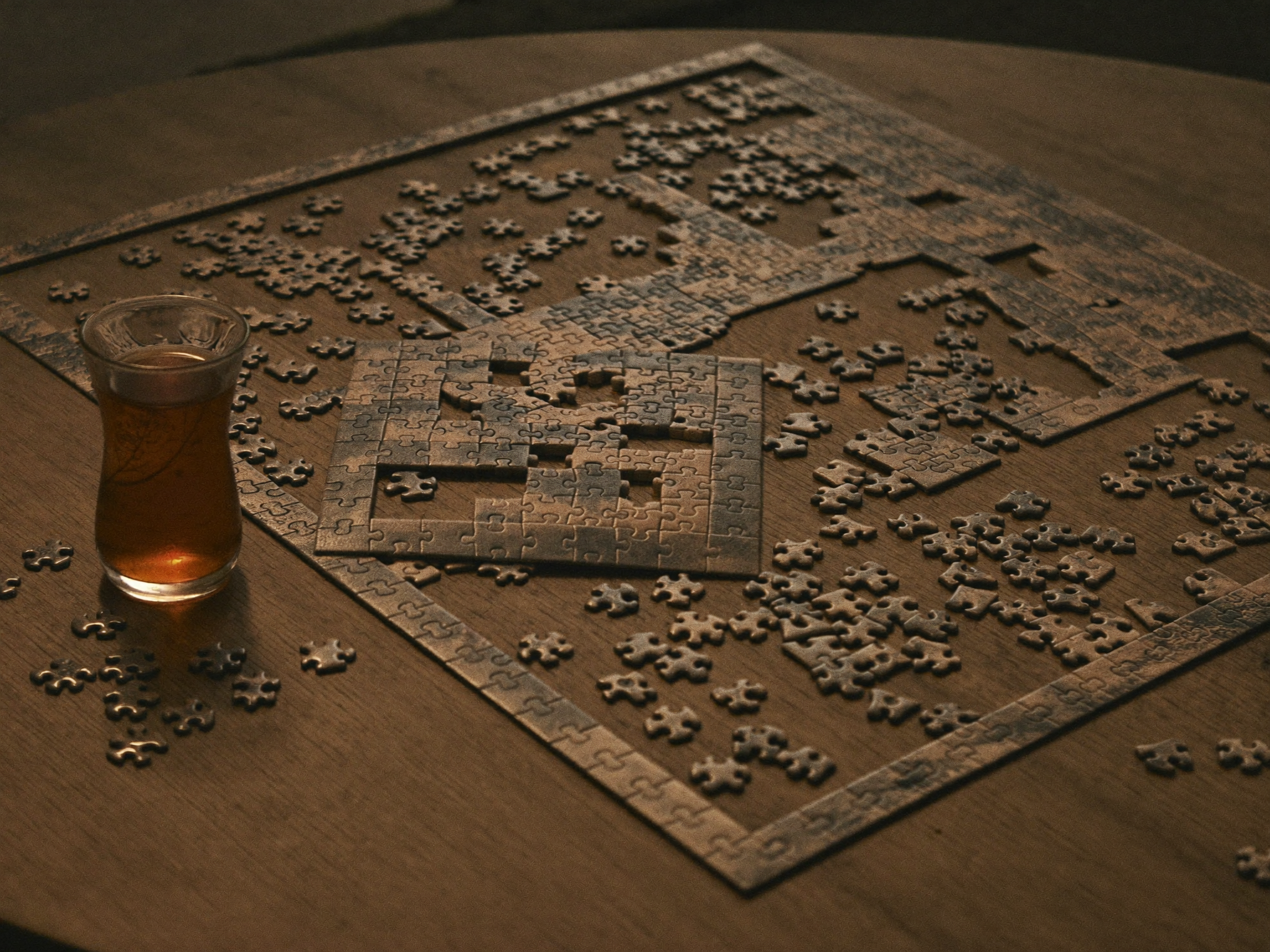 Ahşap masada yarım puzzle ve çay bardağı