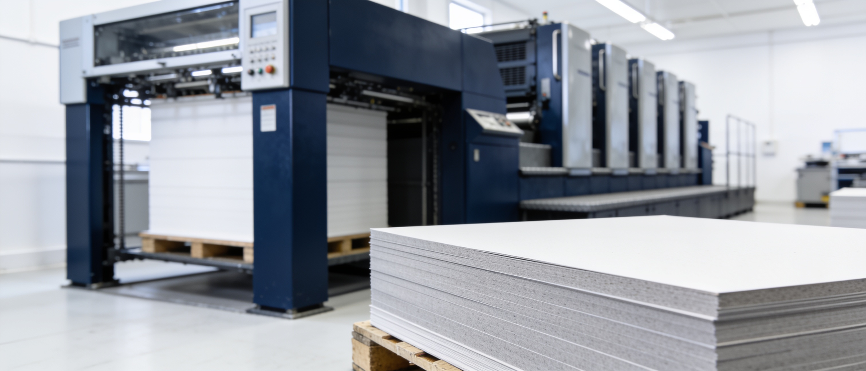 Stapel Vollpappe vor einer Bogenoffsetmaschine im Werk