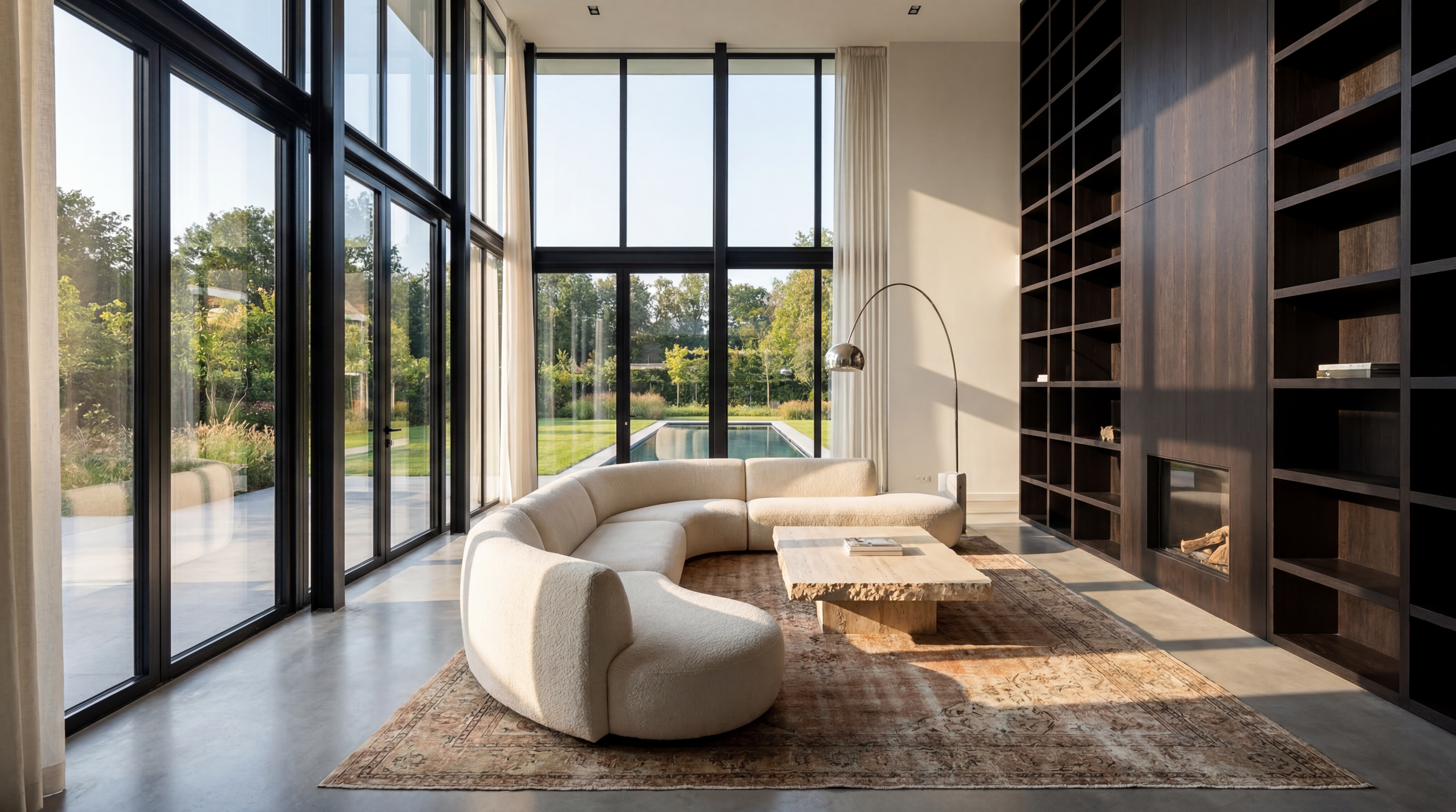 Luxury woonkamer villa — 5m plafond stalen ramen wenge cream sofa