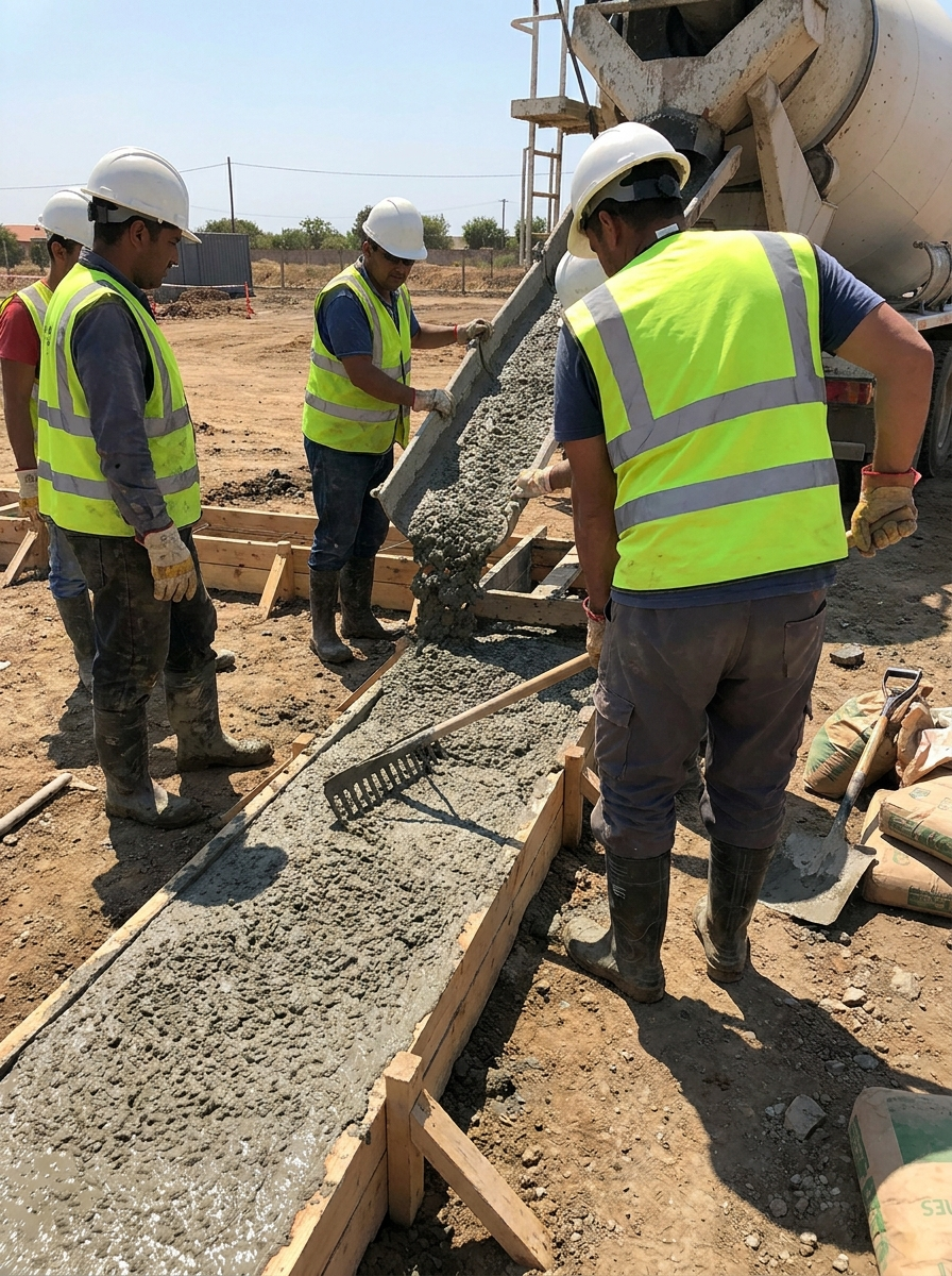 Concrete pour in progress with wooden forms set, crew leveling