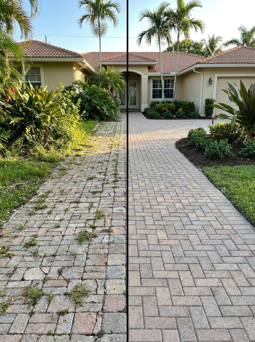 Before and after comparison of a sunken paver walkway rebuilt level