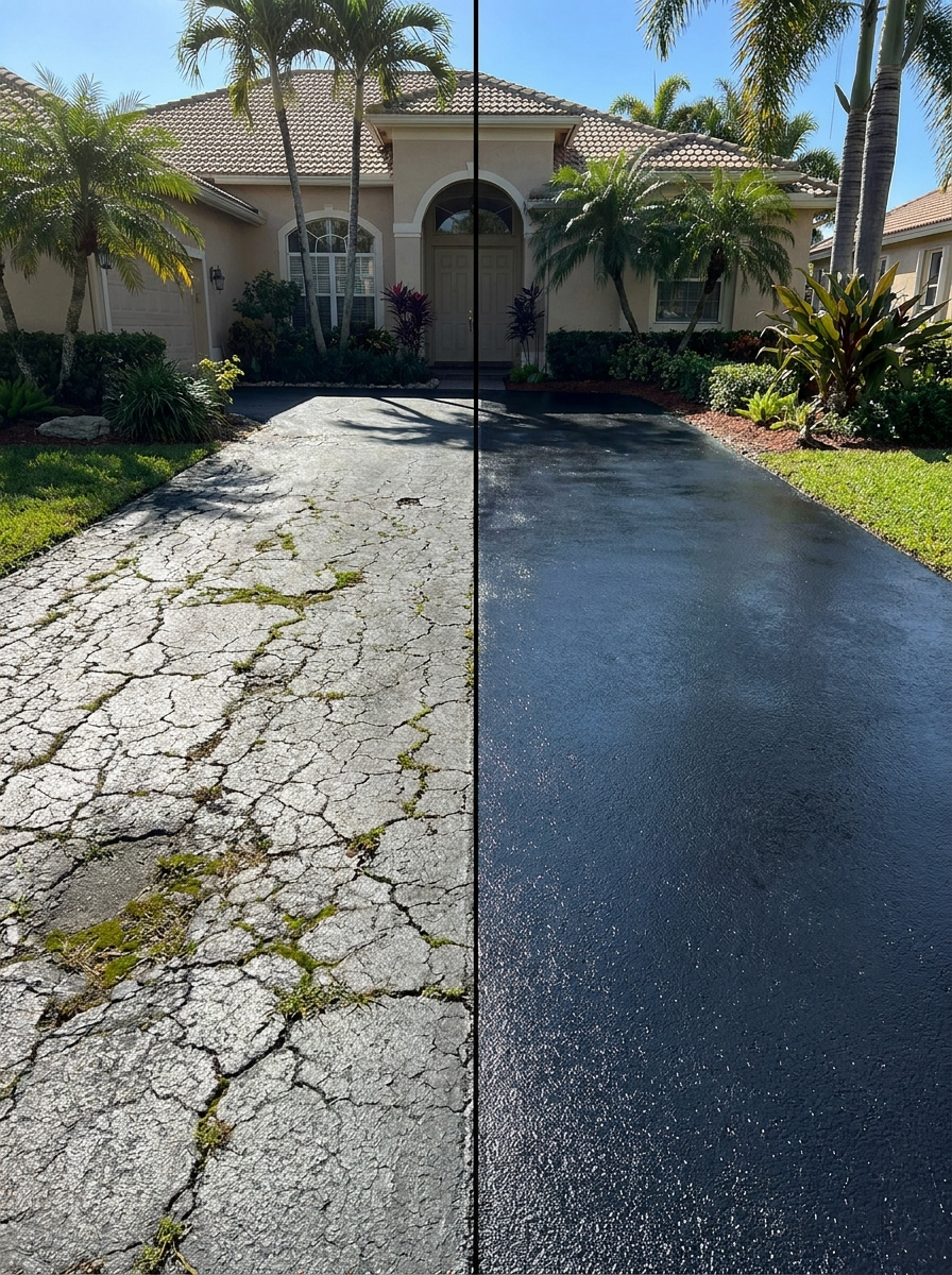 Before and after comparison of a cracked asphalt driveway repaved edge to edge