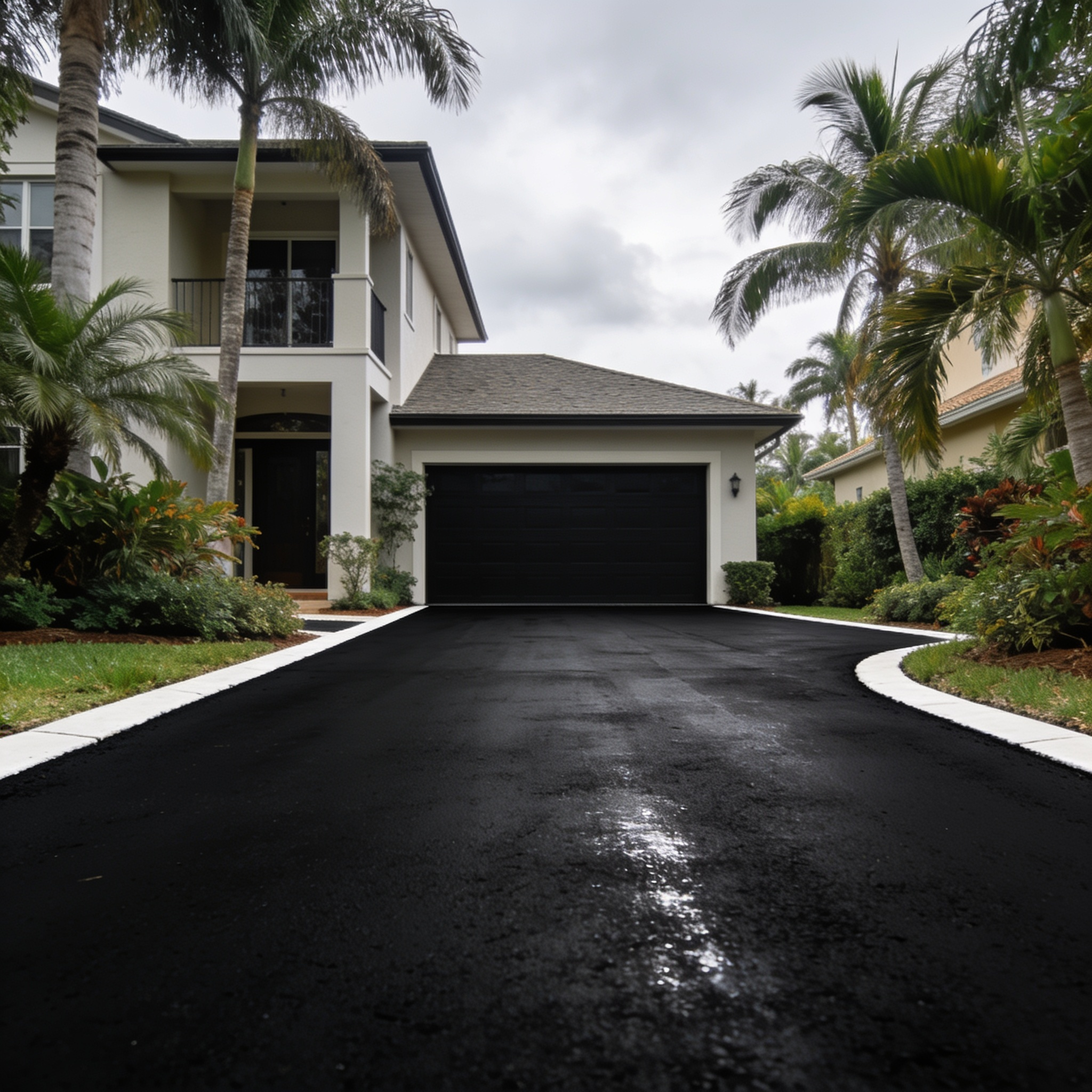 Freshly paved asphalt driveway with crisp edges in South Florida