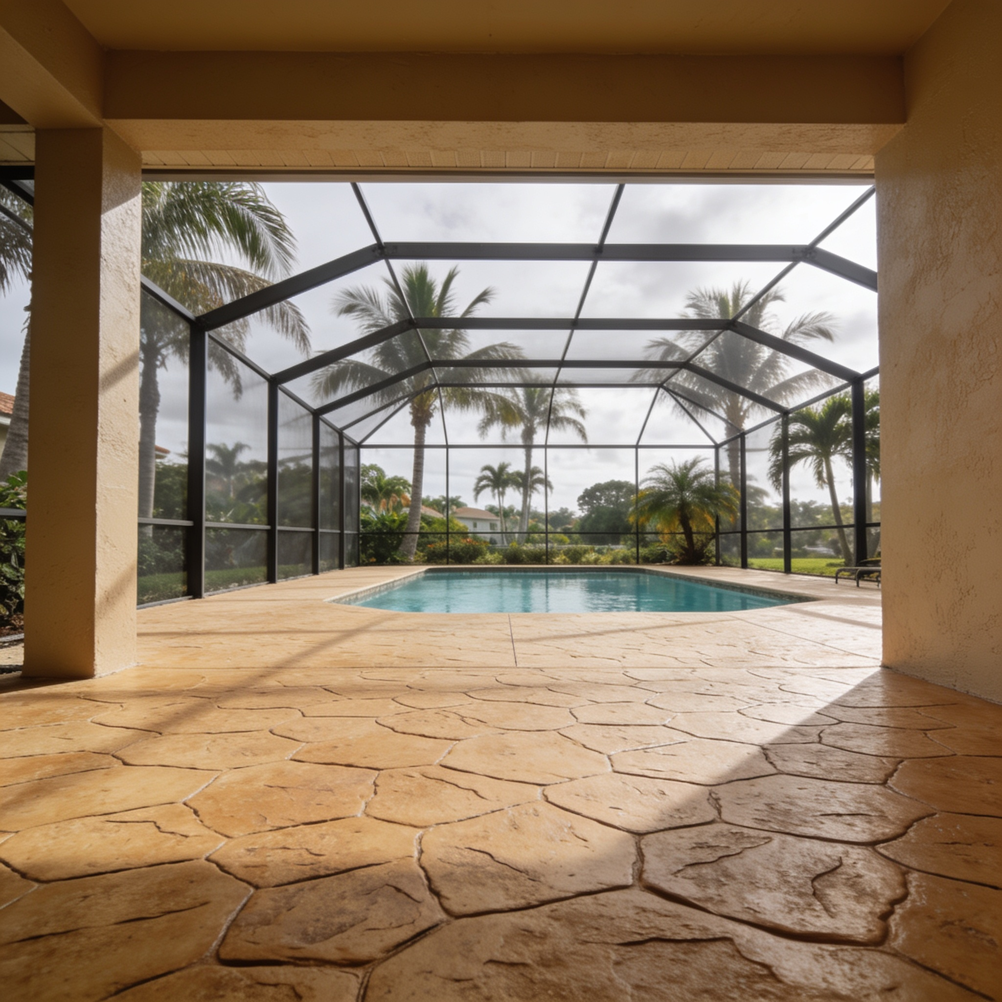 Stamped decorative concrete pool patio in a South Florida backyard