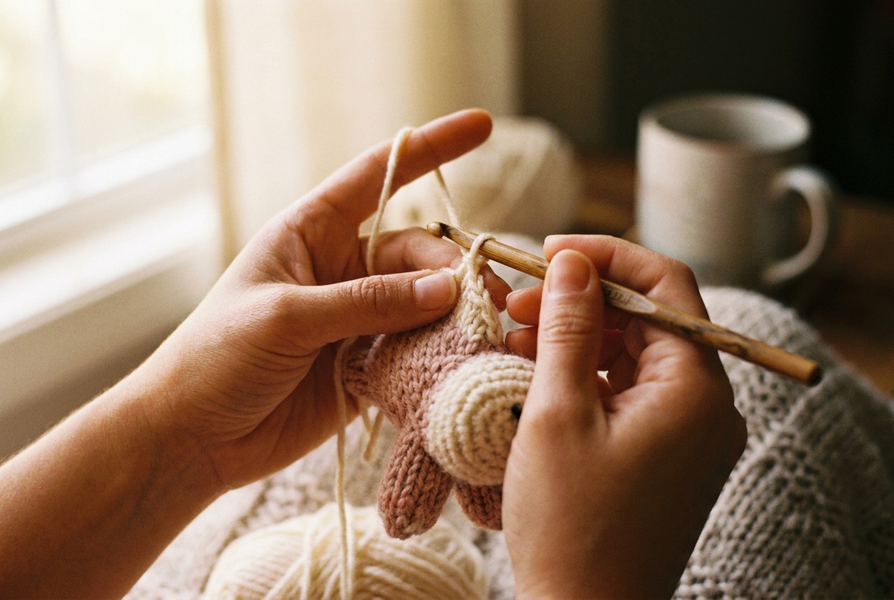 Hands crocheting a small amigurumi animal with a wooden hook and soft yarn