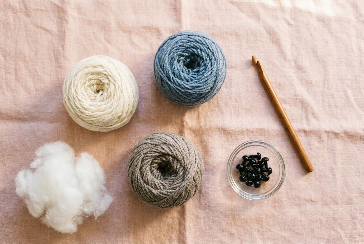 Inside a TinyCraft mini crochet kit: balls of yarn, a wooden hook, safety eyes, and stuffing