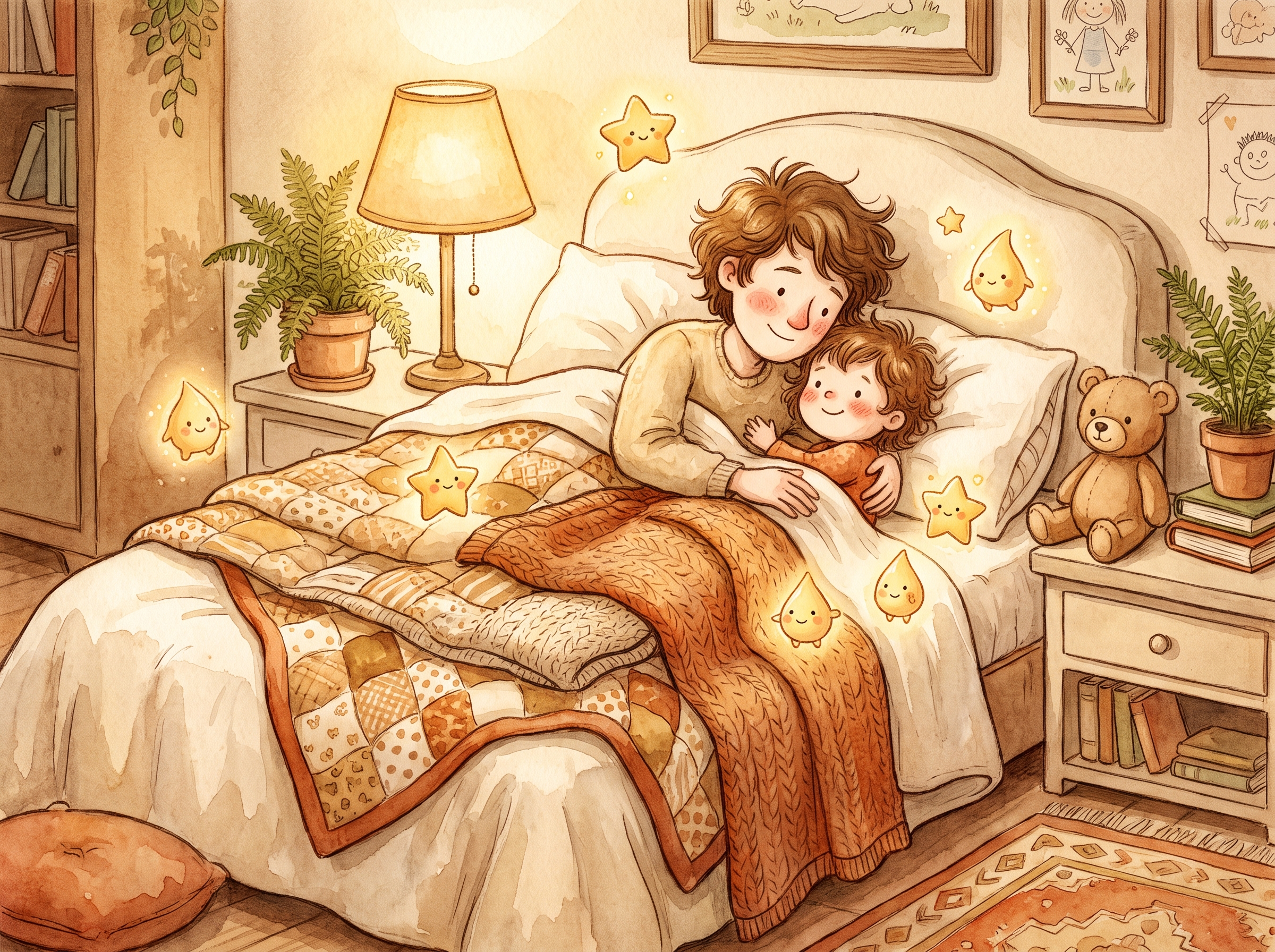 Elternteil und Kind kuscheln zusammen im Bett