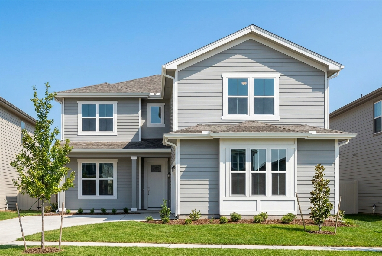 New board-and-batten siding with stone