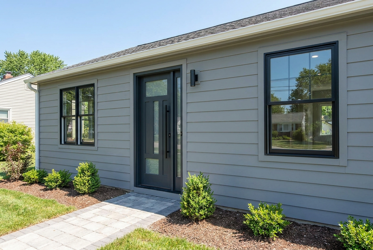 Home with new black-framed windows