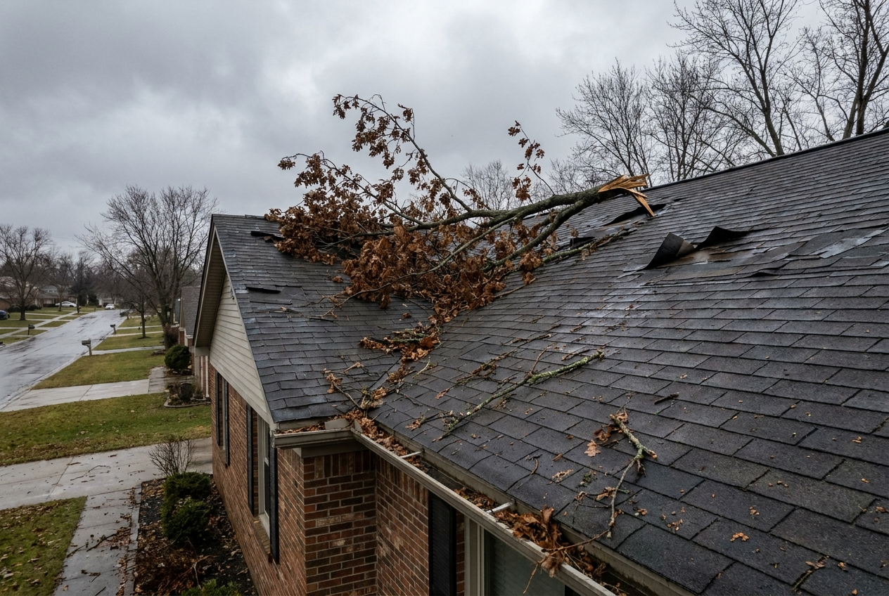 Storm roof tear-off in progress, aerial