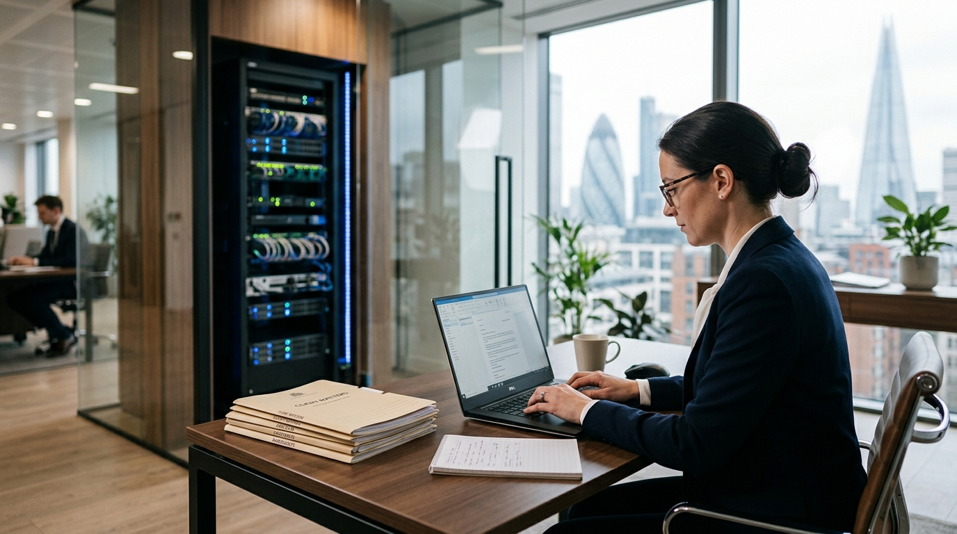Attorney working on a laptop in a modern law office with a secure server rack in the background