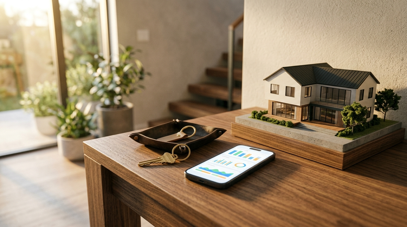 A brass house key, a small model house, and a smartphone showing an abstract dashboard on an entryway table, representing AI automation for real estate teams