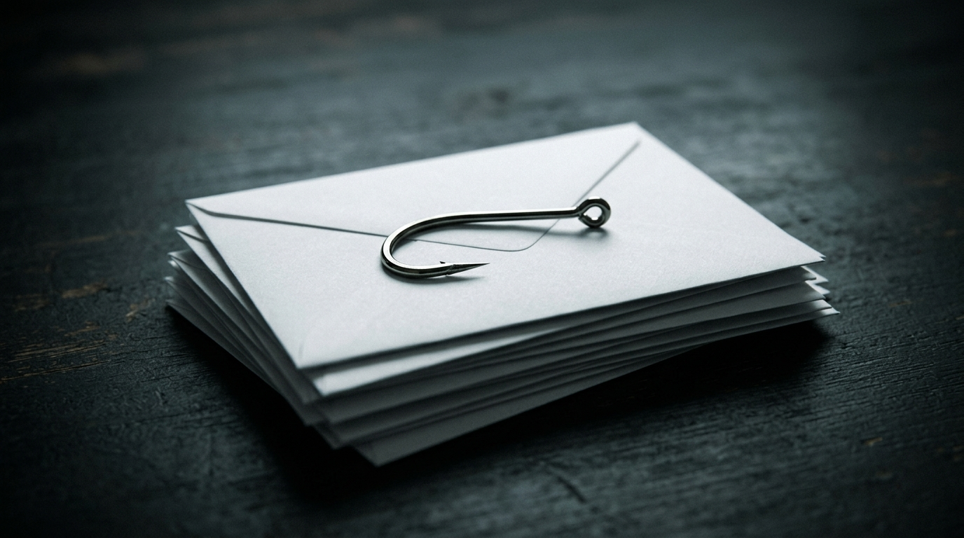 Conceptual photo of a fishing hook resting on a stack of blank white envelopes, representing email phishing and business email compromise fraud.
