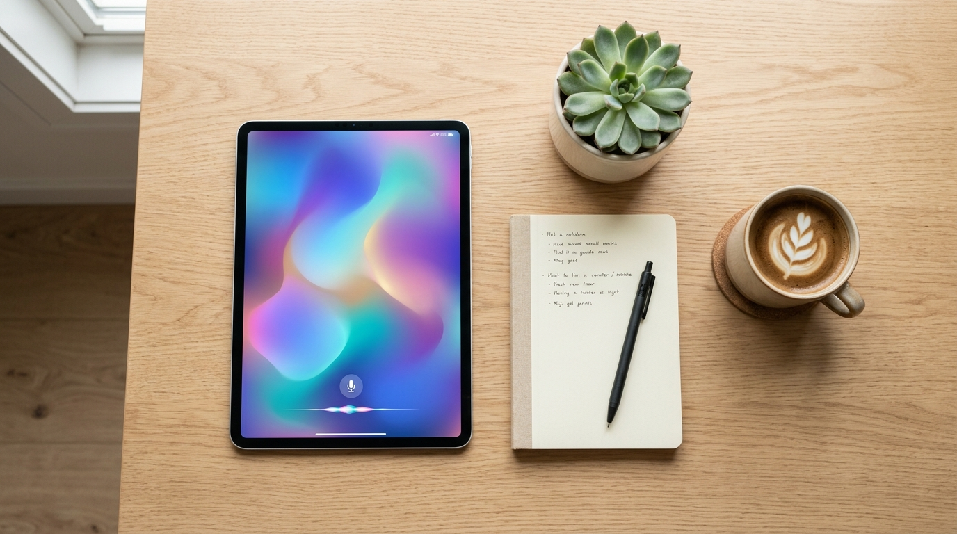 Overhead view of a tidy office desk with a tablet showing a colorful AI-assistant interface, a notebook, pen, plant, and coffee, representing Microsoft 365 Copilot in a small business.
