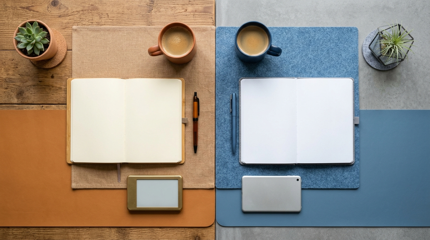 A split overhead flat-lay comparing two office workspaces, one in warm amber tones and one in cool blue, representing the choice between Microsoft 365 and Google Workspace for small business.