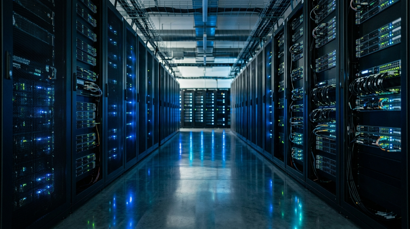 Rows of servers with blue indicator lights in a modern data center aisle, representing endpoint detection and response monitoring