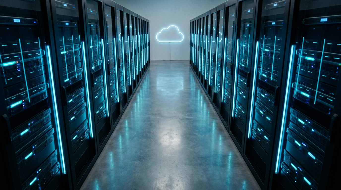 A modern data center server aisle lit in blue with a glowing neon cloud icon at the far end, representing cloud migration for a small business.