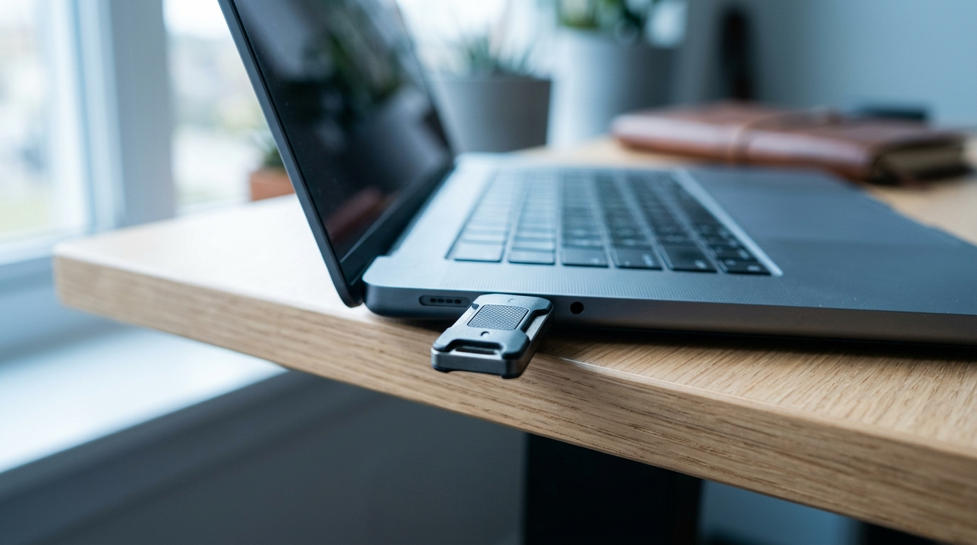 A hardware security key inserted into the USB-C port of a laptop on a desk, representing phishing-resistant passkey login for small businesses
