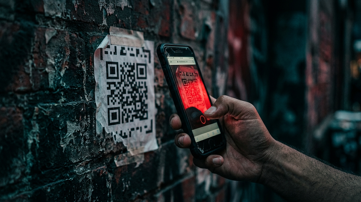 A hand holding a smartphone scanning a suspicious QR code taped to a wall, red warning glow on the screen — a quishing attack