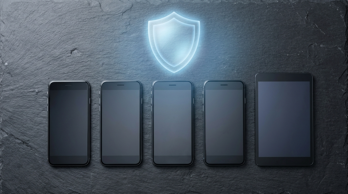 Overhead flat lay of business smartphones and tablets on slate with a glowing blue security shield, representing mobile device management for small business