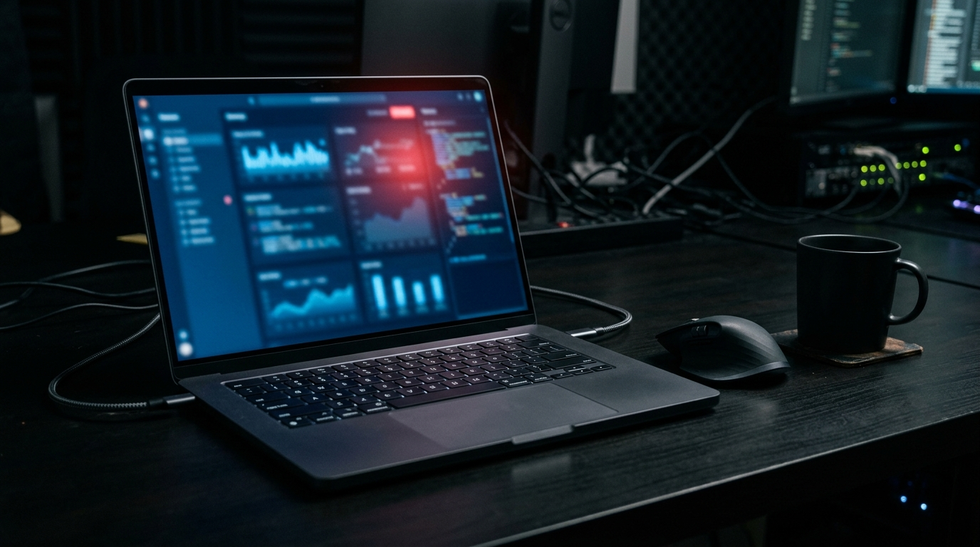 A darkened desk with a glowing laptop, illustrating a ClickFix fake-CAPTCHA malware attack targeting small business