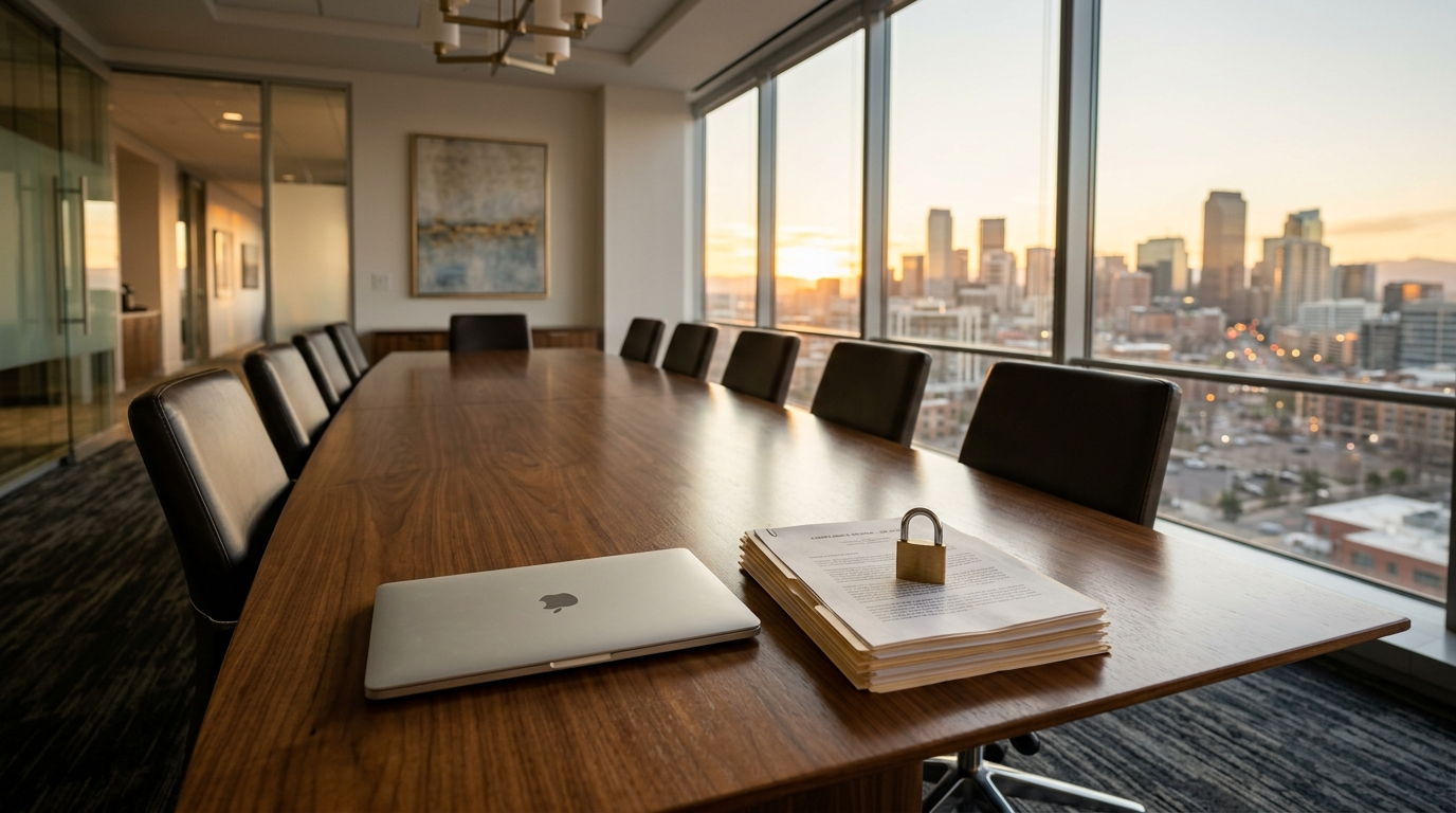 Empty modern investment advisory boardroom at sunset with a closed laptop and a brass padlock resting on a stack of compliance documents, city skyline beyond the windows